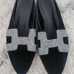 Black Velvet Pointed Mules with Silver Beaded Accent